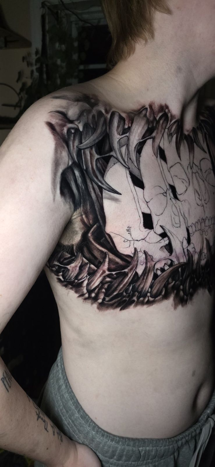 Side view of an in-progress skull and fang chest tattoo