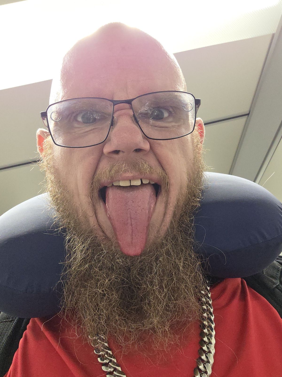 Tank making a goofy face while traveling